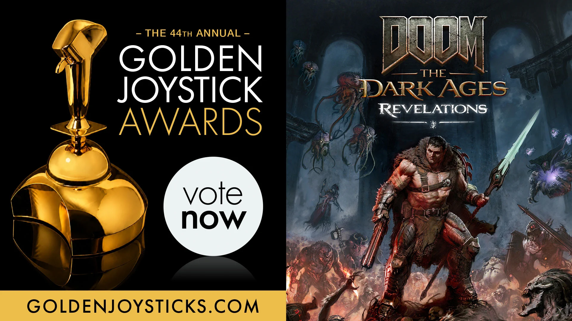 Golden Joystick Awards vote now writte on the left. DOOM The Dark Ages Revelations logo on the right with art of the DOOM Slayer holding a glowing chain spear, surrounded by demons.