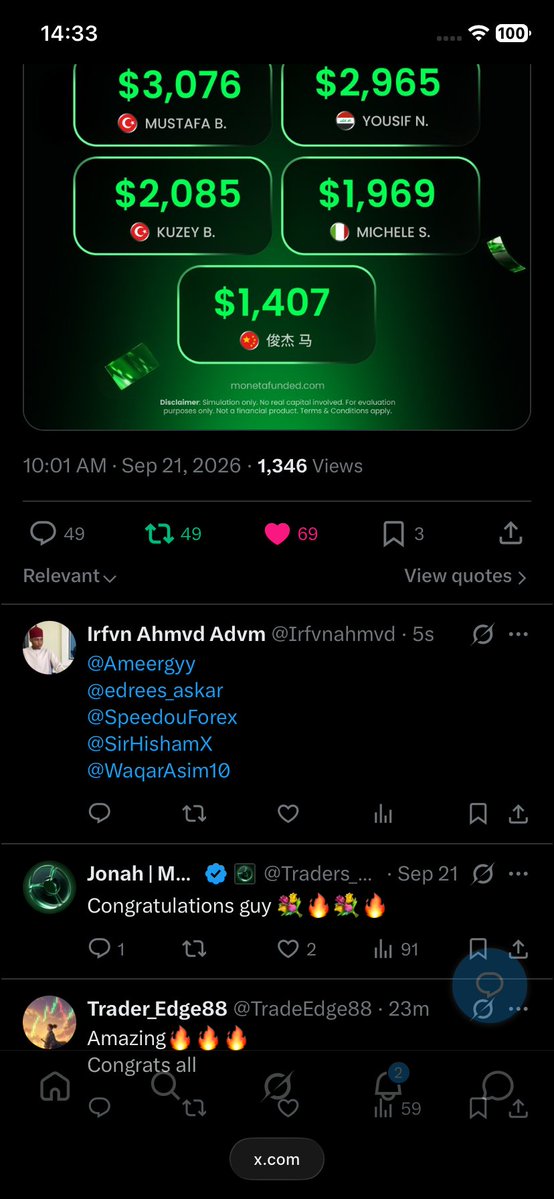 Irfvnahmvd's tweet photo. @Traders_Waves @MonetaFunded @Ameergyy 
@edrees_askar 
@SpeedouForex 
@SirHishamX 

Done ✅ @MonetaFunded @Traders_Waves https://t.co/yhWpGvWyeJ
