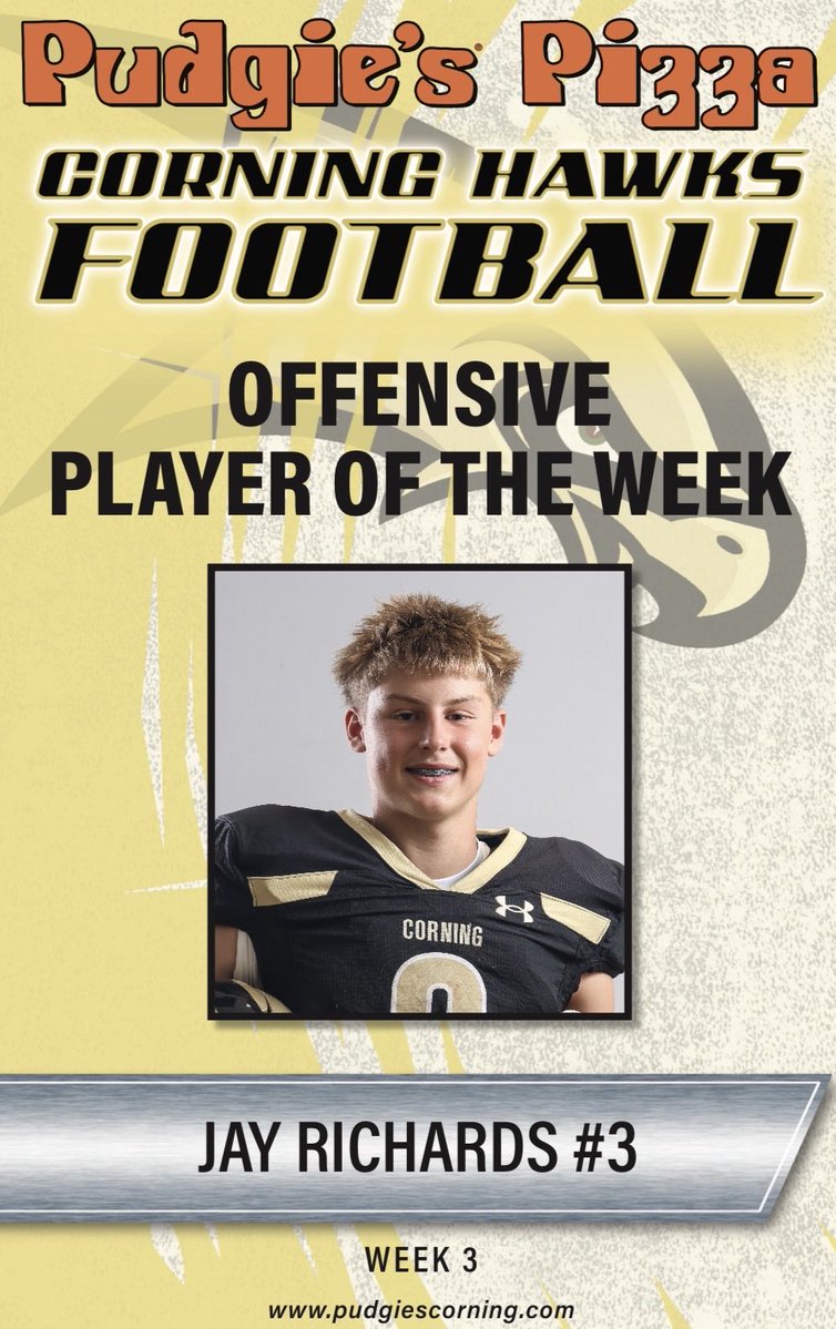 corningfootba11's tweet photo. Corning Pudgies Pizza Players of the Week for Week #3 vs Binghamton. 
Congratulations Jay Richards, Keegan Kelly, Mikey Johnston, Caleb McGee and Drew Crane 💪🏼🙌🏼💛🖤🏈 https://t.co/vPDKZGlpyZ