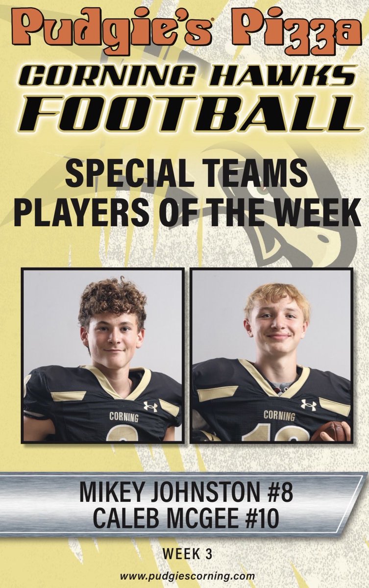corningfootba11's tweet photo. Corning Pudgies Pizza Players of the Week for Week #3 vs Binghamton. 
Congratulations Jay Richards, Keegan Kelly, Mikey Johnston, Caleb McGee and Drew Crane 💪🏼🙌🏼💛🖤🏈 https://t.co/vPDKZGlpyZ