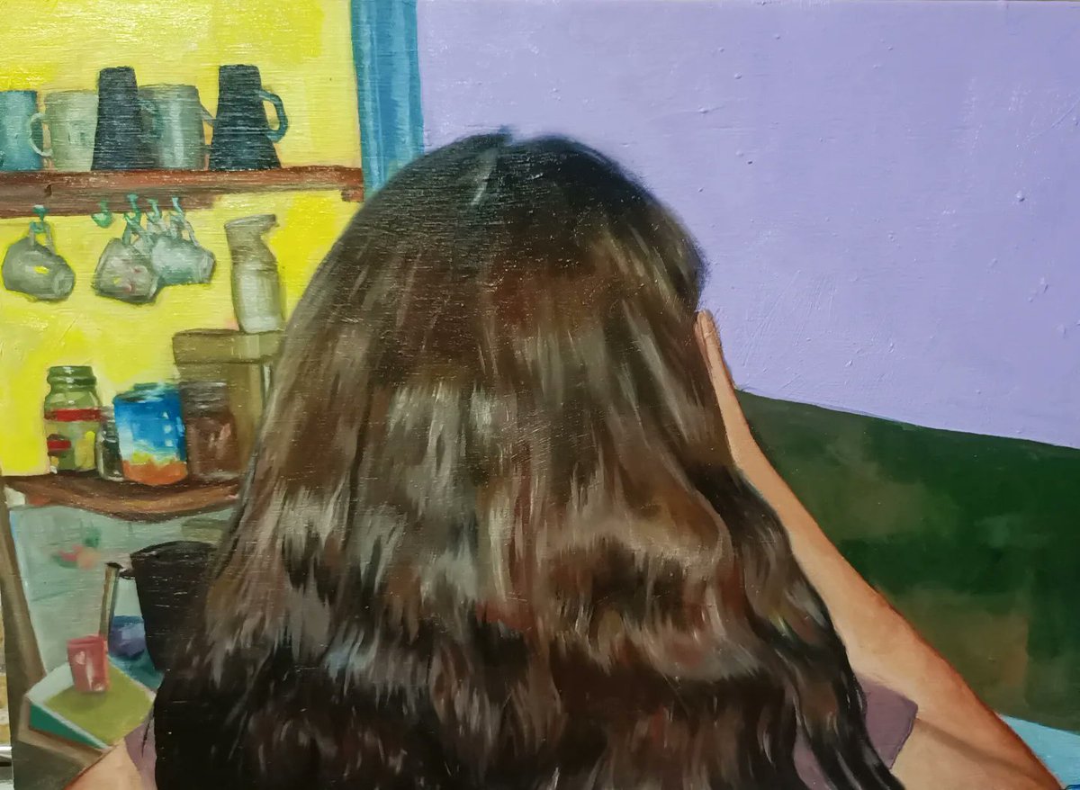 RaeAgebcry's tweet photo. Self-portrait looking out the kitchen window, based on a 2011 reference photo. Oil on plywood. https://t.co/NFoUf9WWdj