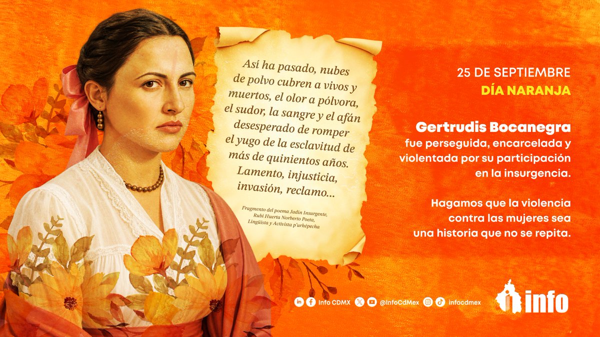 InfoCdMex's tweet photo. 🧡 Gertrudis Bocanegra, heroína de la Independencia, representa la valentía y participación de las mujeres en la historia de México.   

En este #25N, honramos su memoria y, desde el #INFOCDMX, reafirmamos nuestro compromiso de erradicar la violencia de género y garantizar entornos seguros para todas.