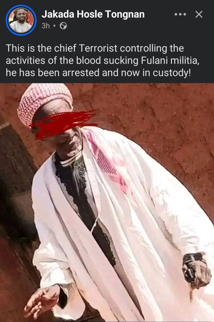 ZagazOlaMakama's tweet photo. FACT-CHECK: How a man killed in 2023 is now being recycled as a “terror kingpin” in Plateau

By: Zagazola Makama

There is something deeply disturbing about the latest circulation of a photograph purportedly showing a suspected “terror kingpin” arrested in Riyom, Plateau State.

The more disturbing issue is that the man Alhaji Adamu Idris Gabdo, the Ardo of Panyam in Mangu Local Government Area, whose photograph appears to have been recycled was himself  victim of targeted killing in  Plateau. His disappearance, death and recovery of his remains were publicly documented by the Nigerian military in 2023.

Three years after his death, his image is now being dragged back into the security narrative this time apparently as though he were a perpetrator. That is not a harmless mistake.

In a conflict as sensitive as Plateau, turning the photograph of a dead victim into the face of an alleged terrorist can distort the historical record, dishonour the dead and potentially inflame the living.

On September 24, 2023, Adamu Idris Gabdo was reported missing after travelling to Panyam.
His disappearance generated considerable tension because of the already fragile security situation in Mangu. Operation Safe Haven subsequently launched a search operation.

On October 5, 2023, the military announced that its troops had recovered Gabdo’s remains around Boi, along the Pankshin–Bauchi Road in Tafawa Balewa Local Government Area of Bauchi State. The remains were handed over to his family for burial.

It referred to him as the late community leader and said the recovery of his remains would enable investigations to identify those responsible for what it described as a heinous crime. 

In other words: Gabdo was not identified by the military as an attacker. He was identified as the victim of a killing. The chronology becomes even more important.

On November 8, 2023, the Nigerian Army announced that troops of Operation Safe Haven had arrested Philip Gokas, also known as Jaykimo, in Lagos. The Army described Gokas as the alleged mastermind behind the murder of the late Adamu Idris Gabdo. The Army said the suspect had admitted involvement and was providing information that could assist investigators in apprehending other suspects. 

This means that the historical record already contains a very important distinction: Adamu Idris Gabdo = the murdered Ardo of Panyam.
Philip Gokas/Jaykimo = the person the Army announced in 2023 as an alleged mastermind in Gabdo’s murder.

That distinction cannot now be erased by attaching Gabdo’s photograph to an entirely different security narrative three years later.

The September 24, 2026 report that triggered the latest circulation says security sources reported the arrest of a suspected key figure in Riyom. But there is a crucial detail that appears to have been lost in the social-media amplification.

There have been genuine arrests in connection with violence in Plateau.

For example, in August 2026, Plateau police confirmed the arrest of a suspect believed to be linked to the Bi Mper attack in Mangu that killed 25 people. Channels Television reported the police confirmation and noted that investigations were continuing. 

Therefore, fact-checking this latest Riyom report does not mean denying that security agencies are conducting operations or making arrests.
Nor does it mean defending anyone suspected of committing violence. The question is much narrower and much more important: