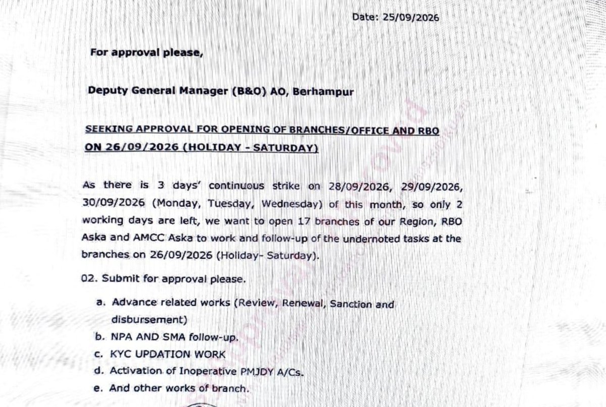 idesibanda's tweet photo. Classic Example of Toxic Work Culture

SBI DGM ordering to Open Branches even on Saturday along with Sunday. @aiboc_in must protest such order legally now. These DGMs must dragged till Courts. https://t.co/Lvemt1bkdh