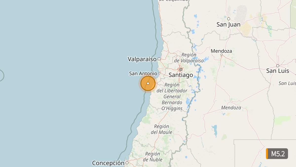 NewEarthquake's tweet photo. M5.2 earthquake - 62 km SW of San Antonio, Chile

Sep 25 12:29 local time (18m ago)
Depth 29 km
https://t.co/msBzSl5oIT

Details in iPhone app: https://t.co/S6seXb9o6c https://t.co/NU5u7kiSAR