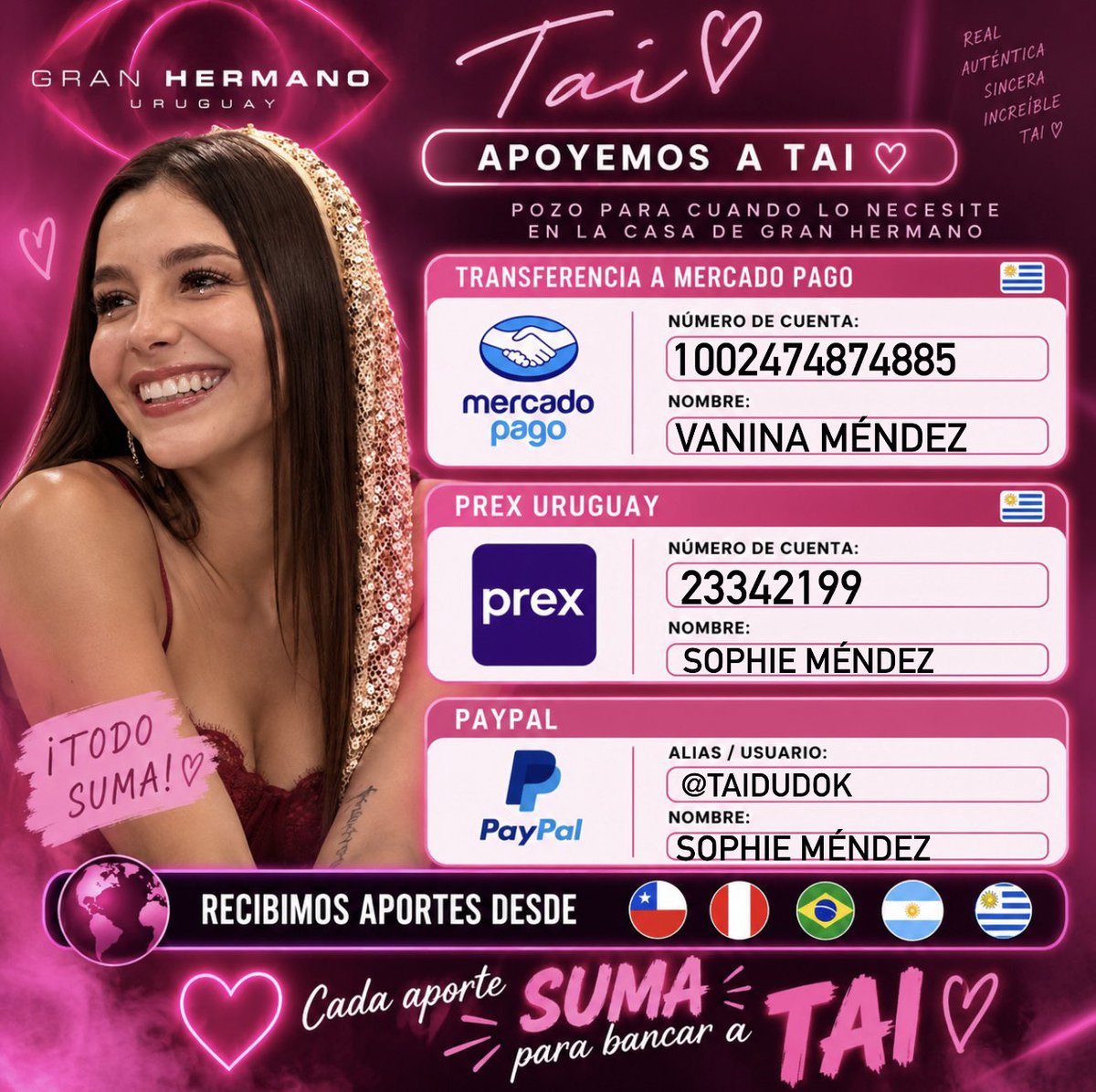 DudokTai's tweet photo. No esperemos a que Tai esté en placa para organizarnos 🩷 Estamos reuniendo un fondo para apoyarla cuando llegue el momento de votar. Cada aporte suma. Si te querés sumar, tenés toda la info en el flyer 🫶🏼🏠 #GranHermanoUruguay #GHUY #TaiDudok https://t.co/3h8HfVhNWC