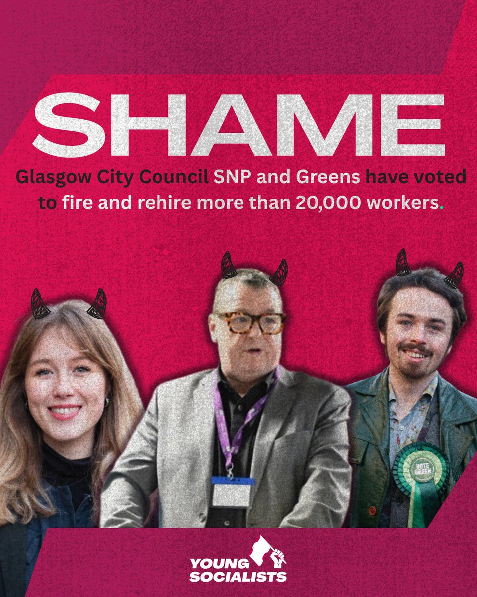 socialist_syl's tweet photo. The Glasgow City Council SNP Administration and Greens have voted to Fire and Rehire more than 20,000 of their workers. 

We stand in solidarity with all workers and their trade unions against this attack on their rights and conditions. An injury to one is an injury to all. https://t.co/VAz1lIMEms
