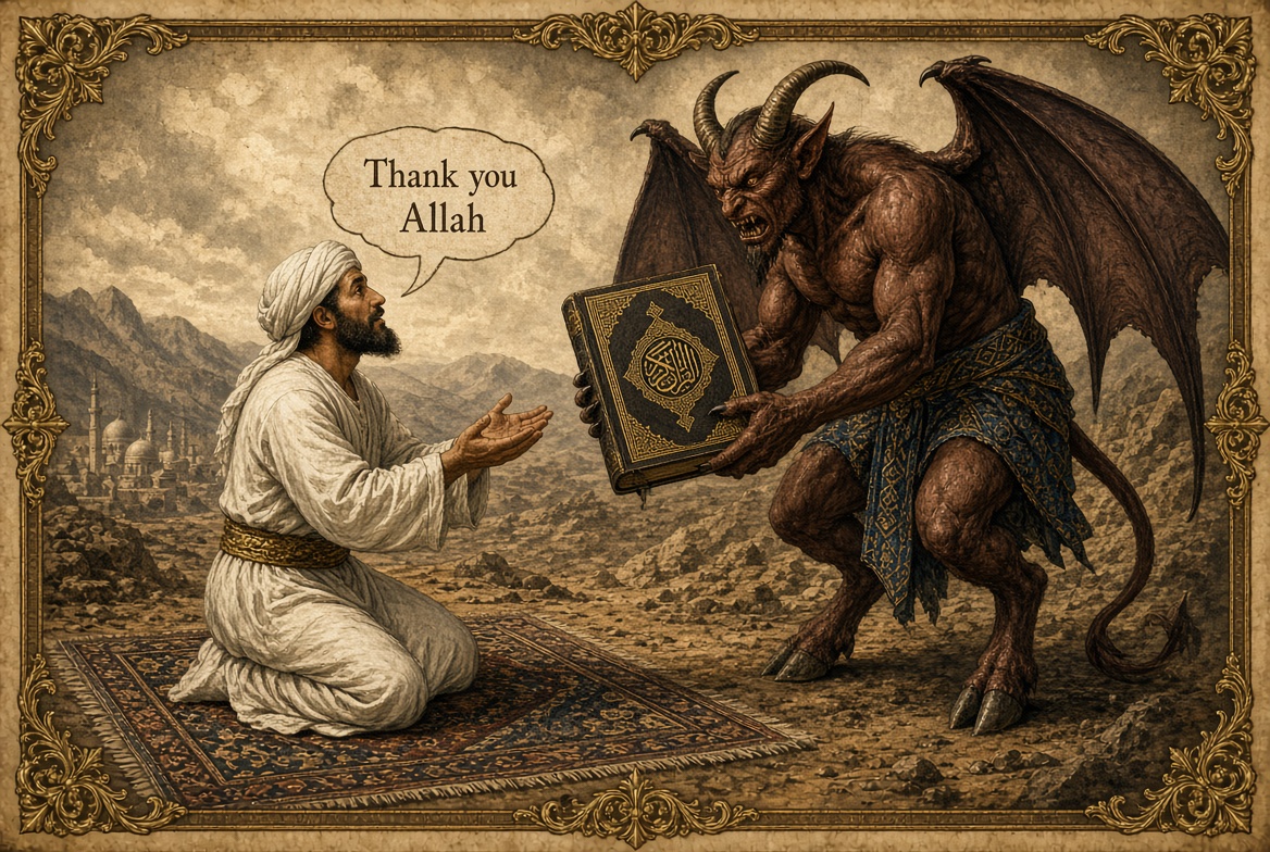 AlexDuncanTX's tweet photo. Accurate depiction. Allah of the Quran is Satan. https://t.co/rdDvYat4lV