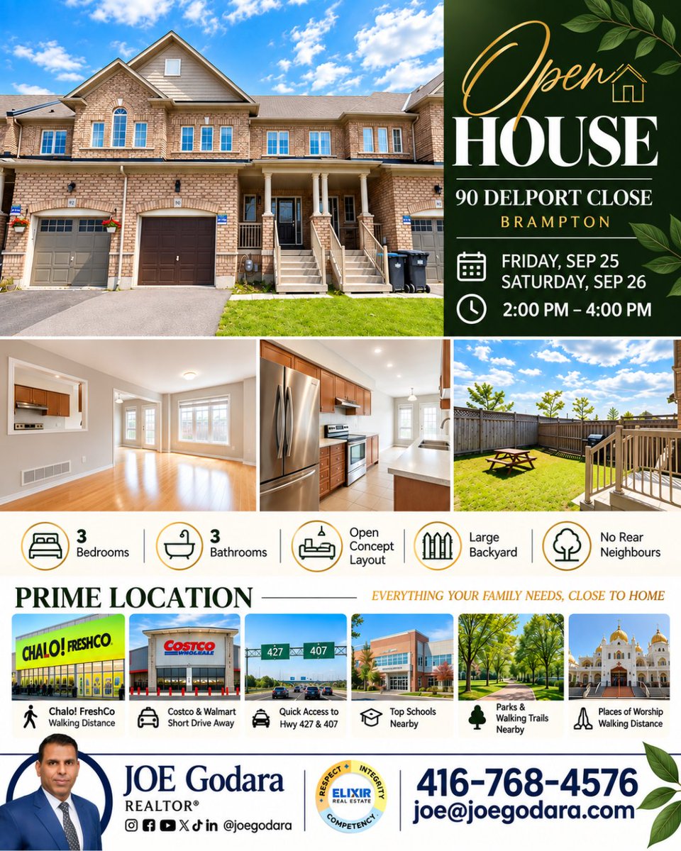 JoeGodara's tweet photo. 🏡 OPEN HOUSE – 90 Delport Close, Brampton!

📅 Friday, Sept. 25 &amp; Saturday, Sept. 26
⏰ 2:00 PM – 4:00 PM
📍 90 Delport Close, Brampton

Joe Godara, REALTOR®
📞 416-768-4576
#joegodara #townhome #brameast #freehold https://t.co/56EHImF4KX