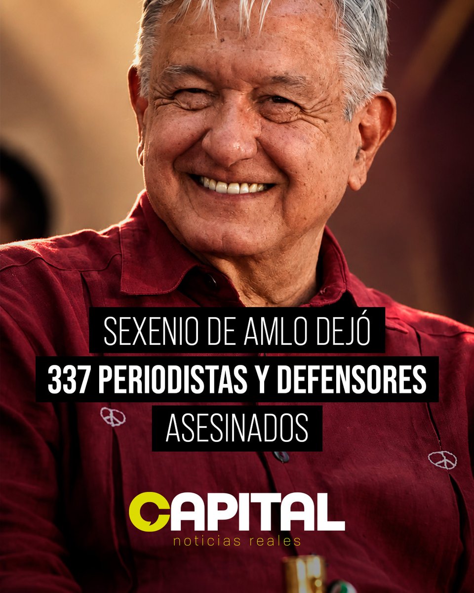 CapitalPueblaMx's tweet photo. 🚨 337 periodistas y defensores fueron a5e51nad0s durante el sexenio de López Obrador. 

Una investigación del Human Rights Center de la Universidad de California, Berkeley documentó que durante la administración de AMLO 📈 fueron asesinados 78 periodistas y 259 defensores de derechos humanos, un total de 337 personas.
