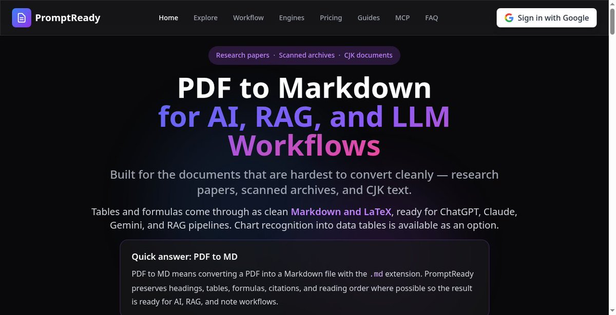 hydromo_dev's tweet photo. PDF papers are noisy for RAG.

PromptReady (web) converts research PDFs, scans, and CJK docs into clean Markdown + LaTeX — headings, tables, formulas kept.

100 free credits. No subscription.
https://t.co/s2nQZ3kMne https://t.co/PvDEsbVqNB