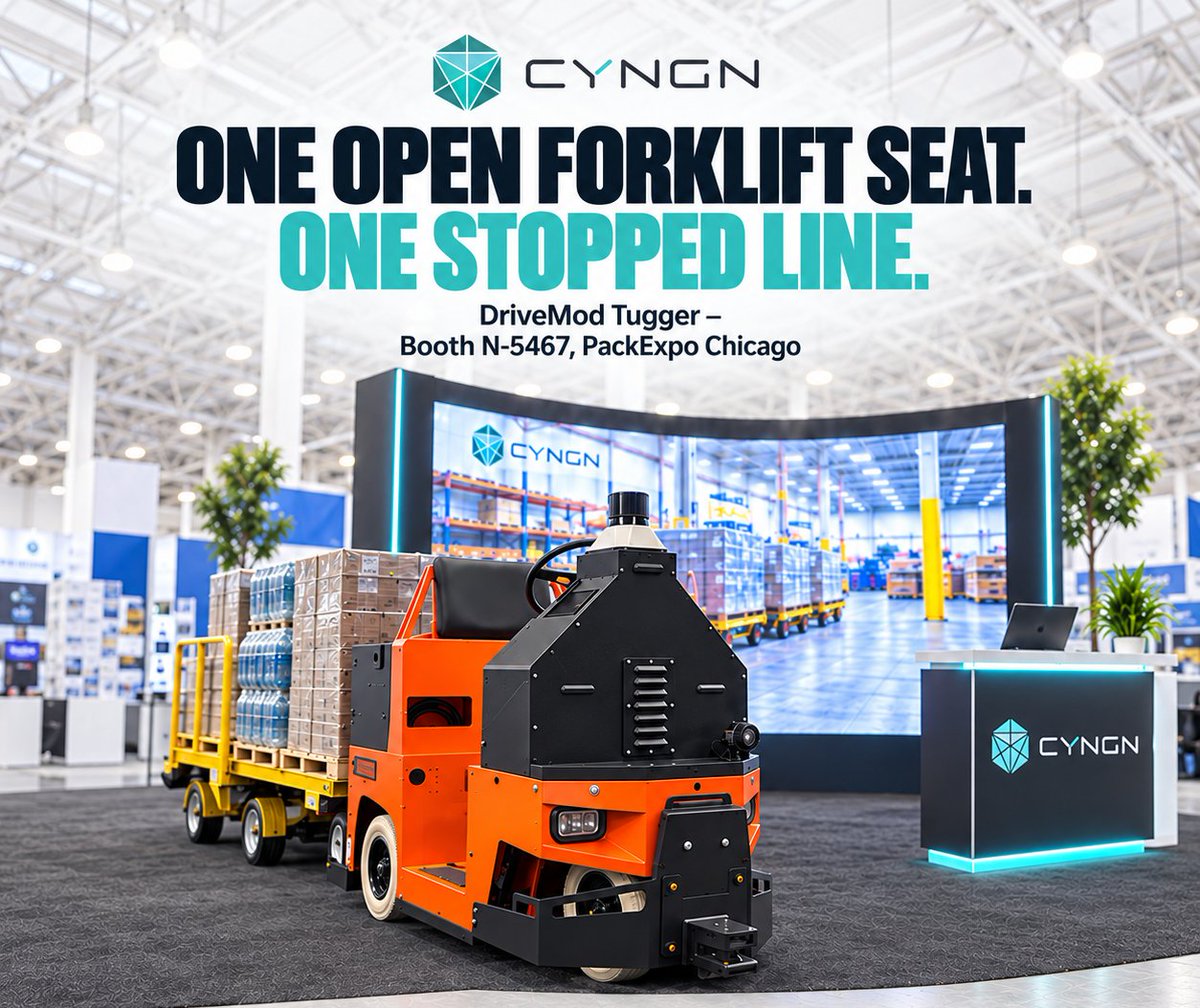 cyngn's tweet photo. Here’s what our customers are seeing:  

📉 64% average labor cost reduction
📈 33% average productivity boost
🔙 18-month average payback

Stop by Booth N-5467 in the Logistics Pavilion to see the DriveMod Tugger in action and let’s talk ROI: https://t.co/lzZHSRuVoc https://t.co/Jl6aEx4tfT