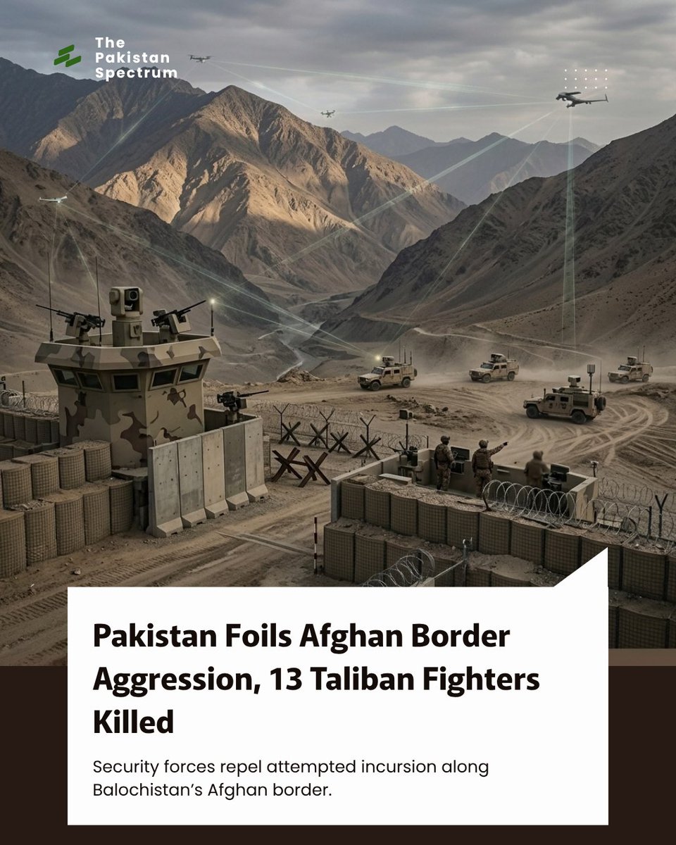 PakSpectrum92's tweet photo. Pakistan says its security forces foiled an attempted border aggression in Balochistan, with 13 Afghan Taliban personnel reportedly killed; Kabul has rejected the account.

#Geopolitical #BorderSecurity https://t.co/HNwavs04SN