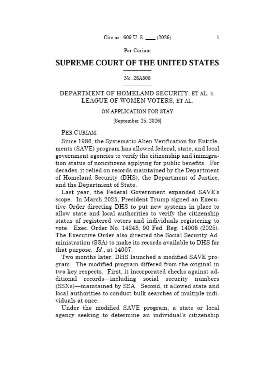 ProudElephant's tweet photo. 🚨 JUST IN: The Supreme Court allowed the Trump administration to resume its expanded voter citizenship verification program, which lets states use Social Security records to check voters' citizenship.

Justices Sotomayor, Kagan, and Jackson dissented.

THIS IS A HUGE WIN!!! 🔥 https://t.co/VMsHPKouse