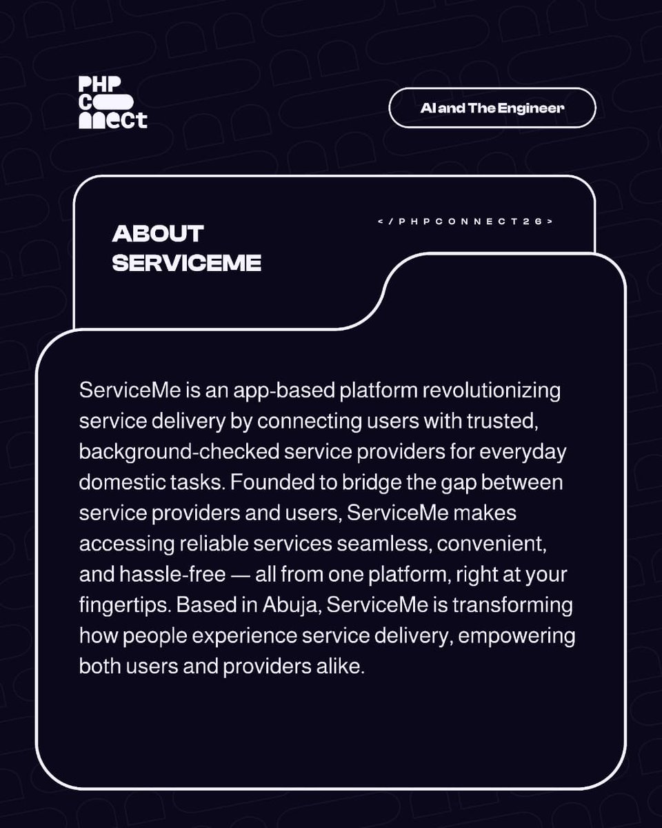 PhpTalks's tweet photo. SERVICEME JOINS PHPConnect’26!

We’re excited to welcome ServiceMe as our sponsor for PHPConnect’26! 🔥

ServiceMe is making everyday service delivery easier by connecting users with trusted, background-checked service providers, all from one platform.

We’re glad to have them on this journey as we bring the community together around AI and the Engineer.

Thank you for partnering with us, ServiceMe!

October 3, 2026
Save your seat: https://t.co/TgC2ueMRBh

#PHPConnect26 #AIandtheEngineer #ServiceMe