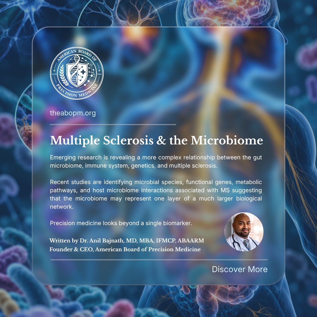 The_ABOPM's tweet photo. Multiple sclerosis is not the product of a single variable and emerging microbiome research is revealing just how interconnected its biology may be.

Better biological resolution. Better clinical decisions.

Read the full article:
https://t.co/NK8bdsrbP0 https://t.co/GaV7kILHmH