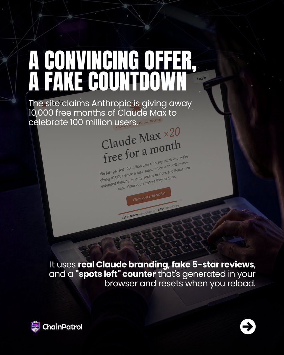 ChainPatrol's tweet photo. That free Claude Max offer isn't real, and that Google login window isn't either.

Scammers are using a fake "10,000 free months of Claude Max" giveaway to lure users into a Browser-in-the-Browser trap. Every path forces a popup drawn directly onto the page, complete with a fake address bar and padlock to harvest Google credentials.

Here is how the campaign works 👇