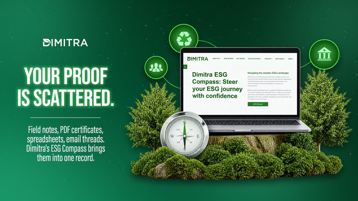 dimitratech's tweet photo. Most mid-sized agrifood businesses don't have a sustainability problem, they have a proof problem. The work is done. The evidence is in four places and none of them talk to each other.

Dimitra's ESG Compass brings it into one structured record.

https://t.co/MxafzQ7ryP

#ESG #AgTech #Dimitra