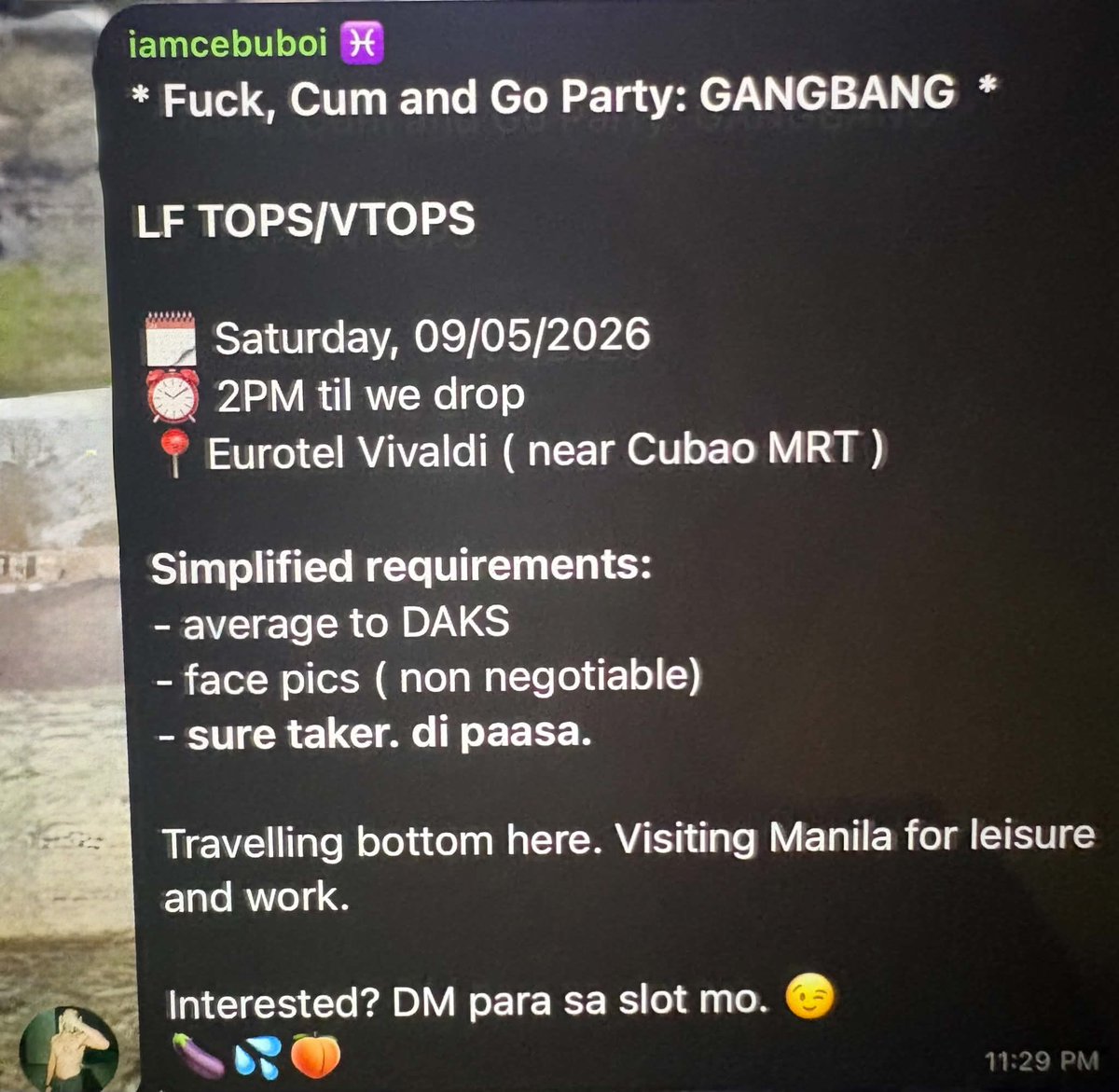 alterJetroo's tweet photo. Beware of this person

1) Has herpes issue encounter way back Cebu
2) Was red flagged at Eurotel Vivaldi Aranete hotel for “orgy” sessions as per Manager and Supervisor
3) Has issues within Cebu and Manila group chats
4) Pretend to be safe
#Cebu #Altercebu #SandiaSpa #ramos https://t.co/bv536LBFJM