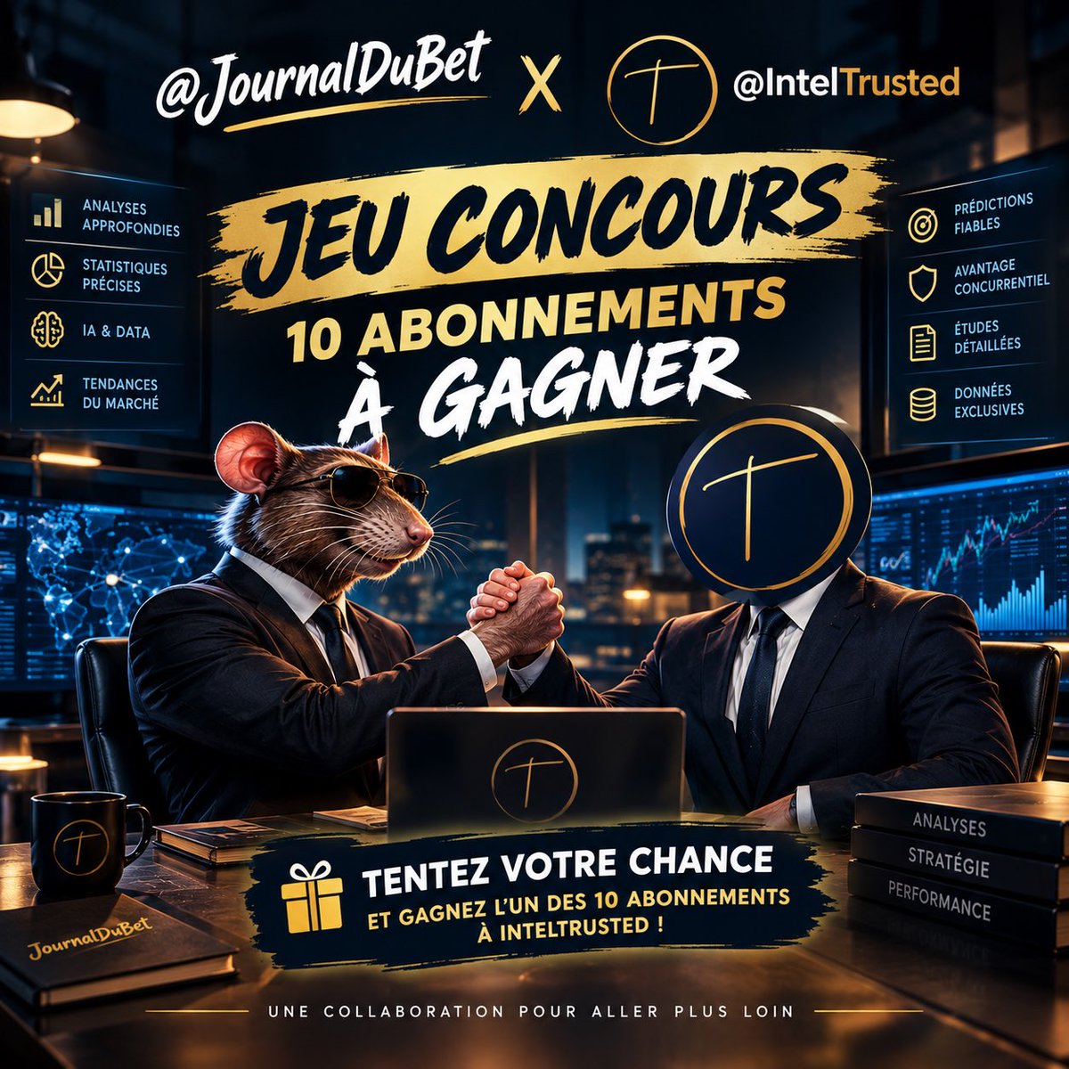 JournalDuBet's tweet photo. 🤝 À l’occasion de ma collaboration avec @IntelTrusted ont vous donne l’opportunité de tester l’outil. 

🔜 10 gagnants 🤩, pour participer c’est facile : 

✅ Tu follow @IntelTrusted 
✅ Tu RT ce tweet 

💭 Une fois tiré au sort vous serez encadré pour tester l’outil, vous pourrez suivre attentivement vos résultats grâce à de multiples options, votre Dashboard sera là pour vous accompagner et de voir vos résultats. 

⚠️ Pour information et à titre de prévention. Ce n’est pas un outil magique, ça demande également des connaissances dans le betting, c’est un outil destiné à un betting non récréatif. Nous sommes disponibles en privé pour toutes questions #TeamParieur