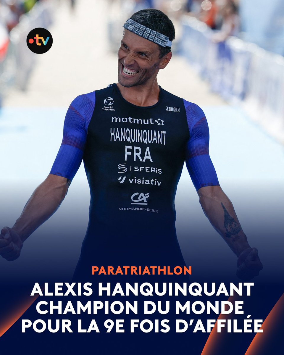 francetvsport's tweet photo. 🏊 #WTCFPontevedra | 👑 Alexis Hanquinquant IMBATTABLE !

🥇 Le Français décroche le 9e titre de champion du monde de paratriathlon dans la catégorie PTS4, à Pontevedra. À 40 ans, celui qui n'a plus été battu depuis 2019, partage le podium avec Pierre-Antoine Baele en bronze. https://t.co/dZZtPV1Ve6