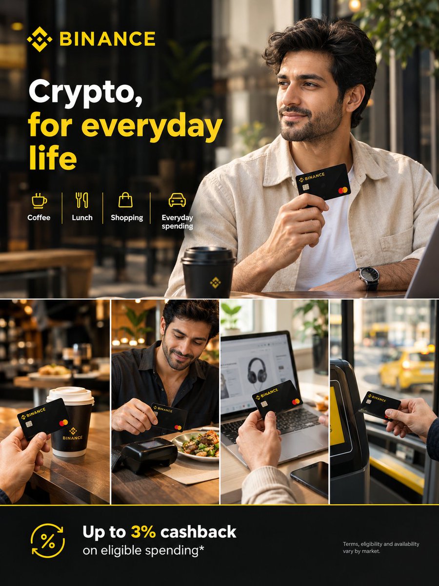 formanite601's tweet photo. Let’s take crypto out of the trading screen and into a normal day. 

• Coffee run
Use Binance Card for an eligible purchase, turning crypto into something you can actually use in everyday life.

• Lunch
Pay for your meal just like you would with a regular card, wherever Binance Card is supported.

• Online shopping
Need to buy something online? Use the card for supported purchases. Where available, you can also add it to Google Wallet for tap-to-pay.

• Everyday expenses
From small purchases to regular spending, eligible crypto balances can be used through the card wherever supported.

• And there’s cashback
Eligible users can get up to 3% cashback on eligible monthly spending, subject to the applicable terms.

The interesting part? Crypto becomes something you can use, not just something you hold.

Availability, supported assets, merchants, fees and cashback terms vary by market.

#Binance 
#BinanceAcademy
#LearnWithBinance