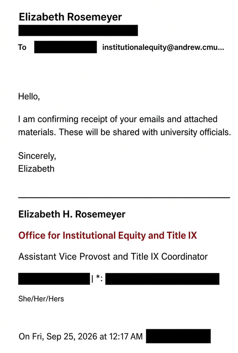 TheWuhanClan's tweet photo. In case you were wondering who is handling complaints into racist Carnegie Mellon professor Uju Anya, it’s Elizabeth Rosemeyer, featured below. This email was from this morning. Yes, she was the DEI chief and still has DEI in her title on LinkedIn. The complaints might actually be going in the garbage like Uju said after all.  Time for @usedgov @EDSecMcMahon to investigate the fake investigations.  @CarnegieMellon @ChuckRossDC