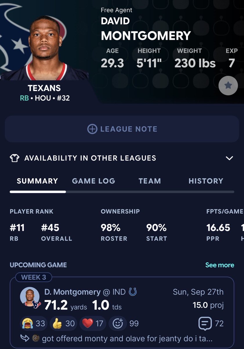 AskDmac's tweet photo. Pick 2: David Montgomery - RB24

-HOU just straight up stunk last week. Monty too
- I expect them to get back to what kept them in the game with the Bills.. heavily featuring Monty and the run https://t.co/MECoaKjWot