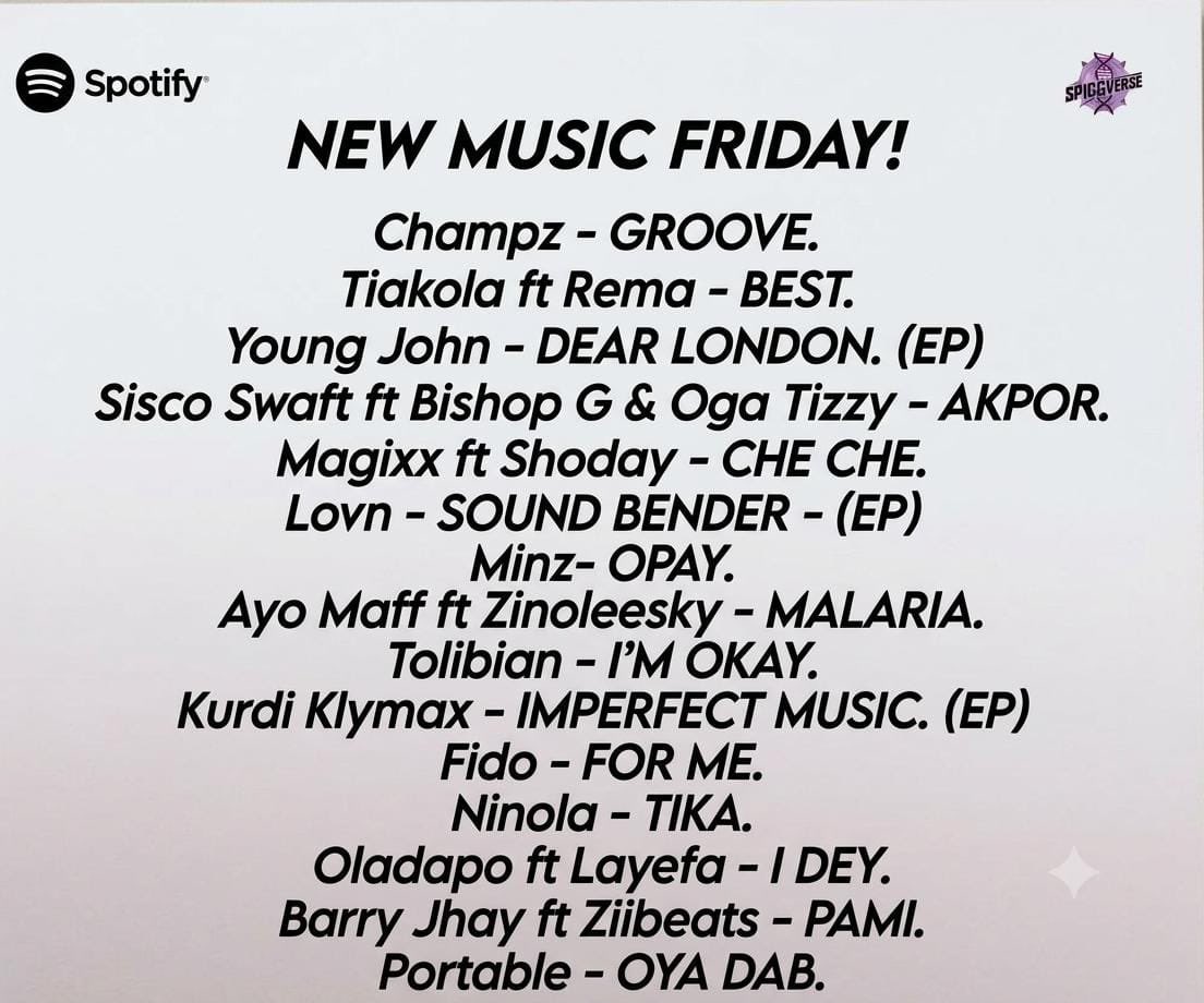 SpiggVerse's tweet photo. @KurdiKlymax  is on the cover of our New Music Friday Playlist

@real_champz - GROOVE.
@Tiakola_Meloo ft @heisrema - BEST.
@YoungJonn - DEAR LONDON. (EP)
@siscosawft ft Bishop G & @HbnsOgatizzy - AKPOR.
@Iam_Magixx ft @official_shoday - CHE CHE.

AND MANY MORE:⬇️

https://t.co/xaaGaRJAnt…