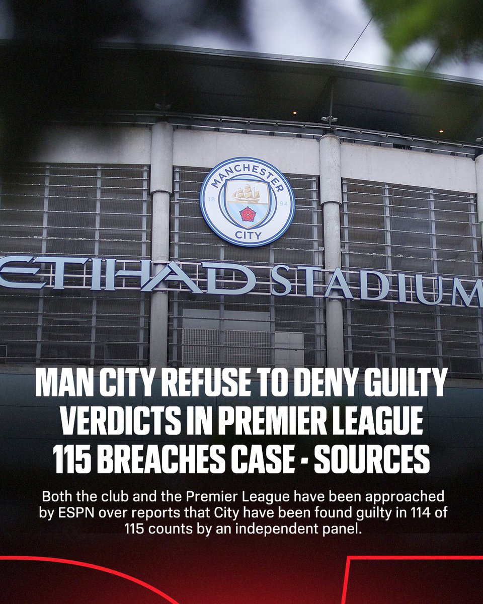 ESPNFC's tweet photo. Manchester City have refused to deny there has been a guilty verdict in the majority of charges of financial breaches in their legal case with the Premier League, sources have told Rob Dawson and Mark Ogden.

More: https://t.co/vAS4QnsfGJ https://t.co/mNbrV9EWrd
