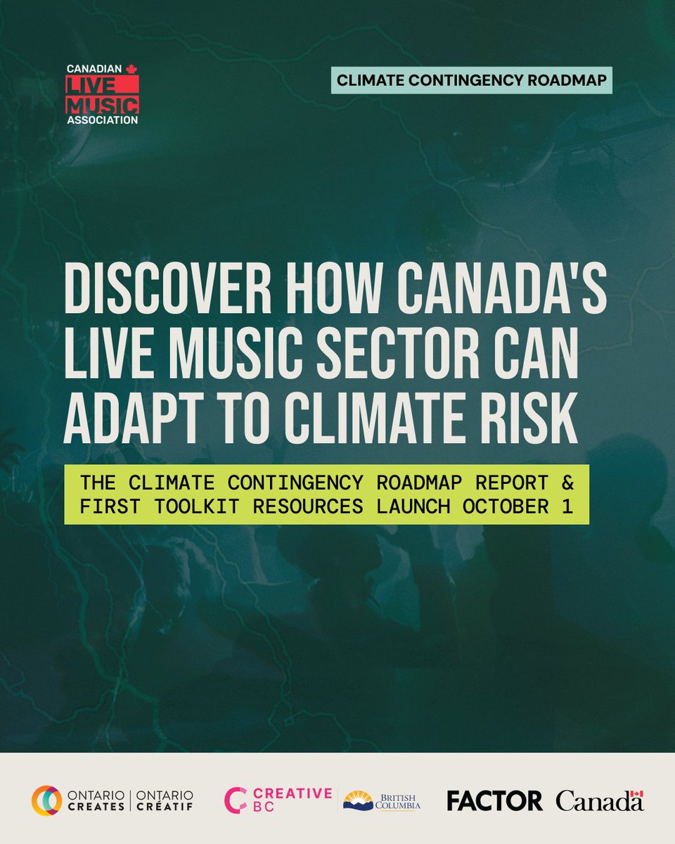 Canadian_Live's tweet photo. On Oct 1, we're releasing 'Sound Check: Climate Risk and Resilience in Canada's Live Music Sector,' plus the first tools from our Climate Contingency Roadmap toolkit.
 
This project is supported by @FACTORCanada, @OntarioCreates, @creativebcs and the Province of British Columbia. https://t.co/oh3PhgahyU