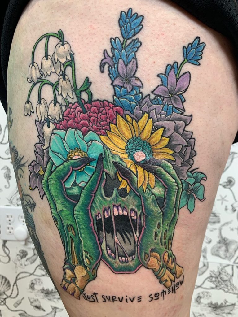 Diamondmindtat2's tweet photo. "JUST SURVIVE SOMEHOW" — green zombie, flower eyes, florals on the thigh. Finished color by Tim.

Walk-ins welcome.
53 Main St, Buzzards Bay
10–6 daily https://t.co/bynuu8mK19