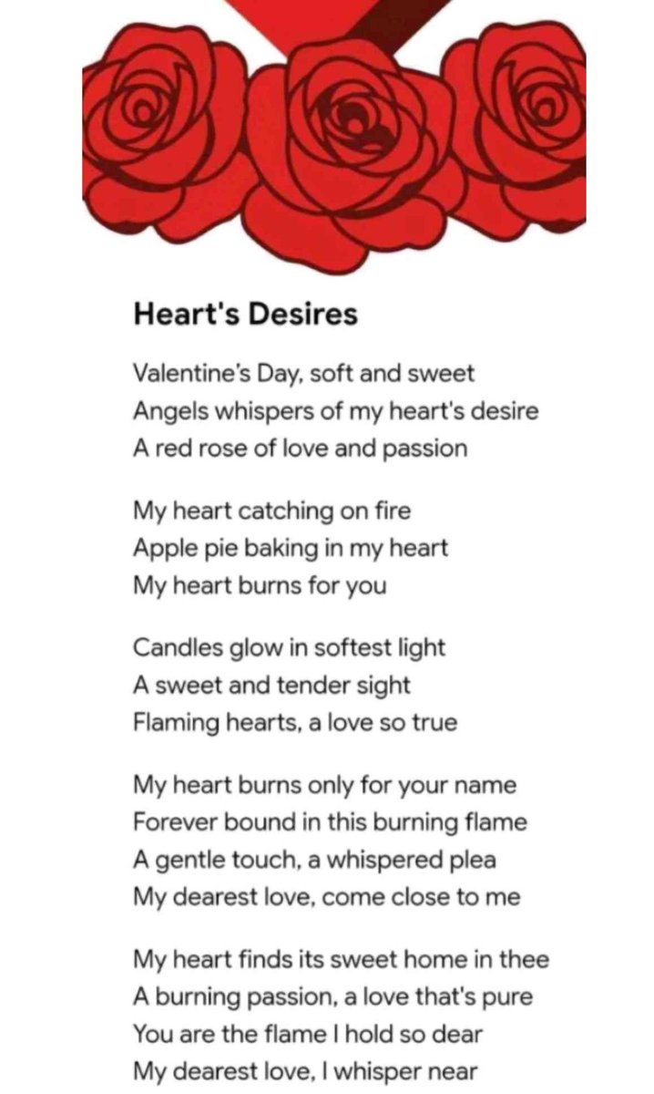 BrettStrotman23's tweet photo. Heart's Desires 🌹🥰
#poem #poetry #romance #romancepoem #valentinespoem #heartsdesires #beautifulpoem #lovepoem https://t.co/ihGWkHTi9F