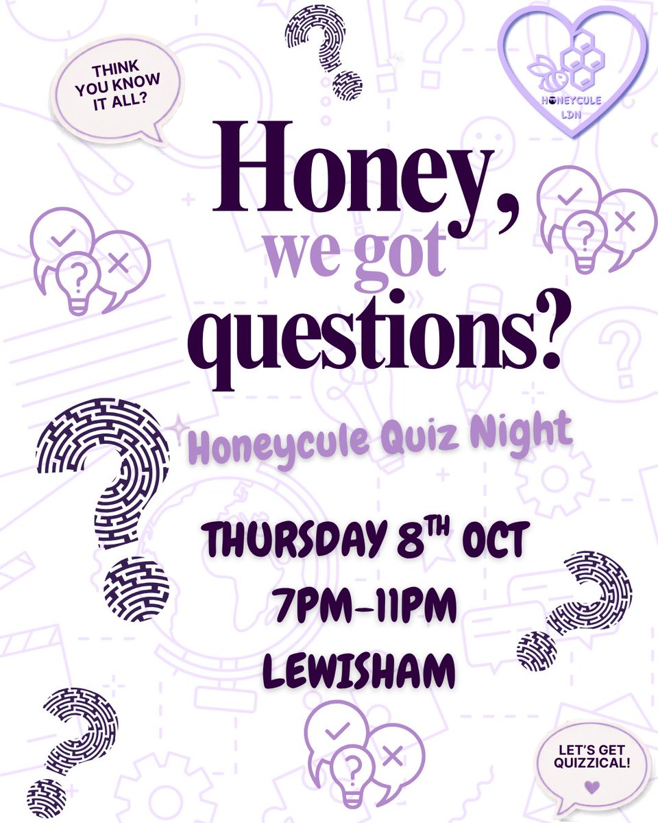 Honeycule's tweet photo. If you love a bit of friendly competition, join our Quiz Night in just under 2 weeks time 🧠 

Do you think you have what it takes? 

You do not need to be a member to attend this event 🐝 

📅 08/10 
🚫23+ 
🤎POC Only 
🤗 ENM/ Curious/Respectful

https://t.co/hT3cjfapMS https://t.co/86bnFXltuv