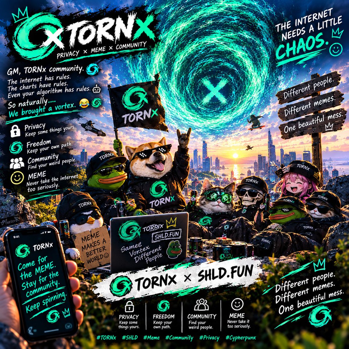 TORNXAZ's tweet photo. GM, TORNx community. 🌀

The internet has rules.
The charts have rules.
Even your algorithm has rules. 🤖

So naturally…

We brought a vortex. 😂🌀

🔒 Privacy — keep some things yours.
🌀 Freedom — keep your own path.
👥 Community — find your weird people.
🎭 MEME — never take the internet too seriously.

TORNx isn’t here to be normal.

We’re here to meme, connect,
build culture, and keep the vortex spinning.

TORNx × https://t.co/b1qTsWk8LV

Different people.
Different memes.
One beautiful mess.

Come for the MEME.
Stay for the community.
Keep spinning. 🌀

#TORNx #SHLD #Meme #Community #Privacy #Cypherpunk
