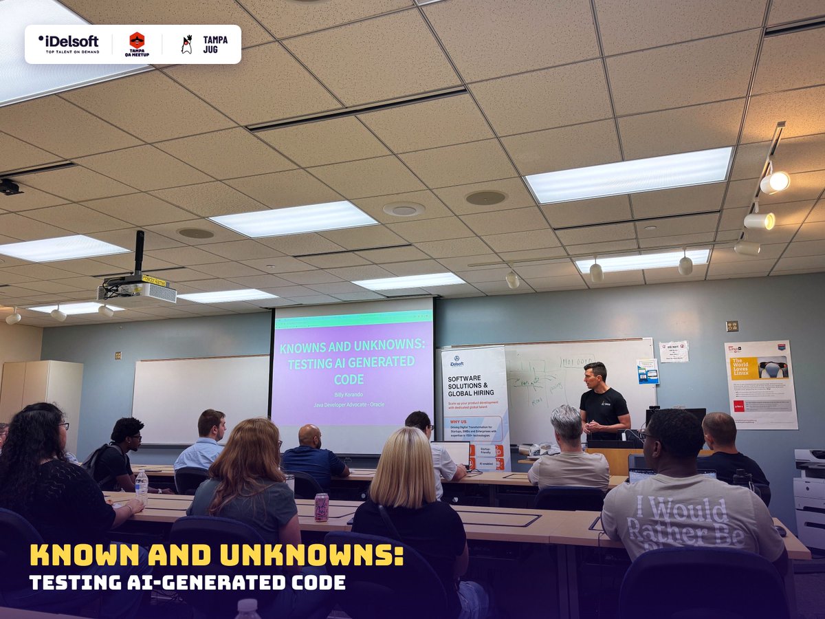 idelsoft's tweet photo. Thanks to everyone at Known and Unknowns: Testing AI-Generated Code! 🤩 Billy Korando (Oracle) showed why "write tests" isn't enough for AI code. Thanks to Tampa QA Meetup, Tampa JUG, Tampa Bay Tech &amp; Beer and Hillsborough College! https://t.co/ovAAPT6opN. https://t.co/mJW2ntvHRE