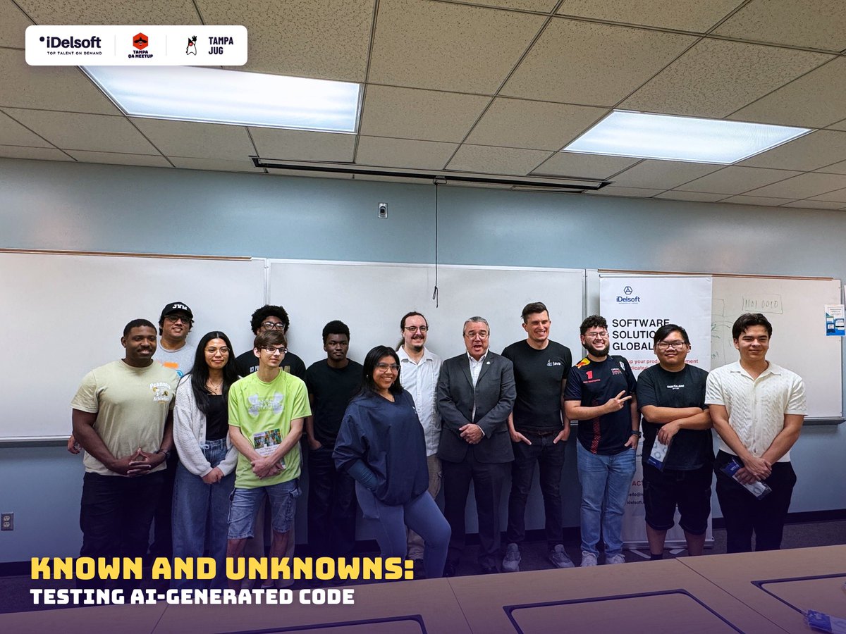 idelsoft's tweet photo. Thanks to everyone at Known and Unknowns: Testing AI-Generated Code! 🤩 Billy Korando (Oracle) showed why "write tests" isn't enough for AI code. Thanks to Tampa QA Meetup, Tampa JUG, Tampa Bay Tech &amp; Beer and Hillsborough College! https://t.co/ovAAPT6opN. https://t.co/mJW2ntvHRE