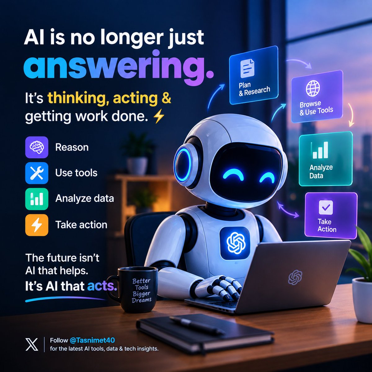 Tasnimet40's tweet photo. 🤖 AI is no longer just answering.

It’s thinking, acting &amp; getting work done. ⚡

The future isn’t AI that helps.
It’s AI that acts. 🚀

#AI #AgenticAI #AITools https://t.co/JVwtHYTBcW