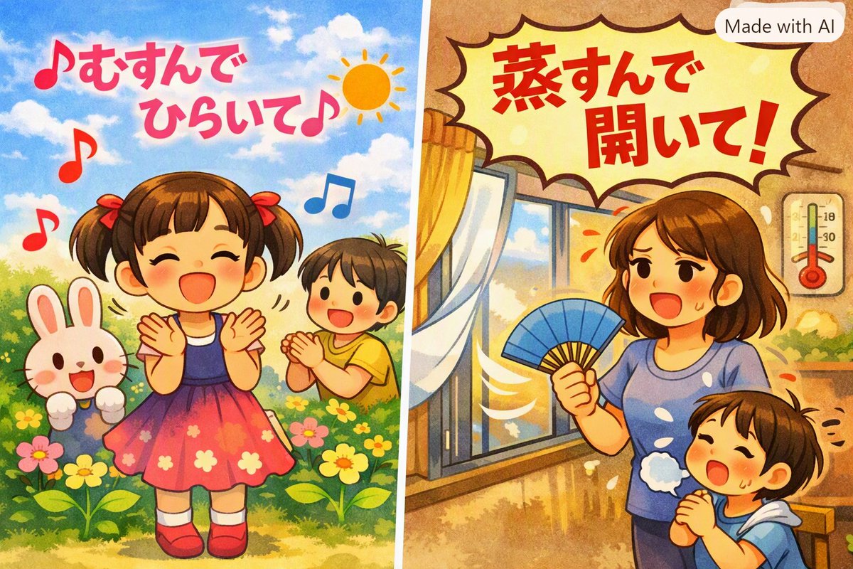 nazo_KAke002's tweet photo. なぞかけ#069

♪まーた開いて 手をうって その手をうーえにー
とかけまして

この部屋､気温は高くないんだけど湿度が高いみたいで暑いから閉め切らないでもらえる？
とときます

そのココロは
むすんでひらいて(童謡·唱歌/蒸すんで開いて！) https://t.co/i5yaYxtk58