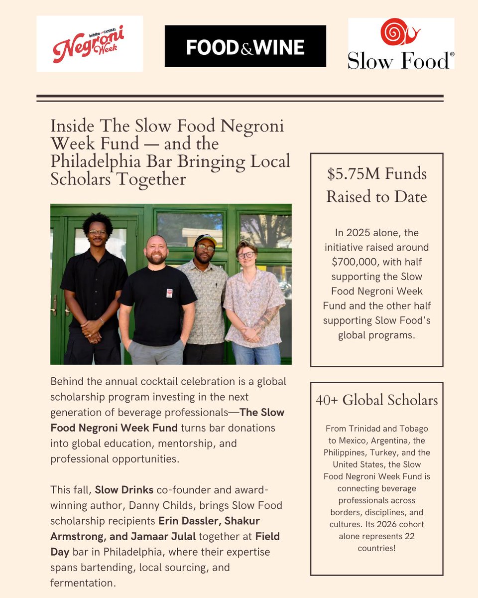 alishainthebiz's tweet photo. 🥃 #NegroniWeek is about more than what’s in your glass. for @foodandwine I looked at how bar donations fund education, mentorship + global opportunities for the next generation of beverage pros thanks to @imbibe @SlowFood https://t.co/bpxCpNN16M https://t.co/0Rrv143Bd2