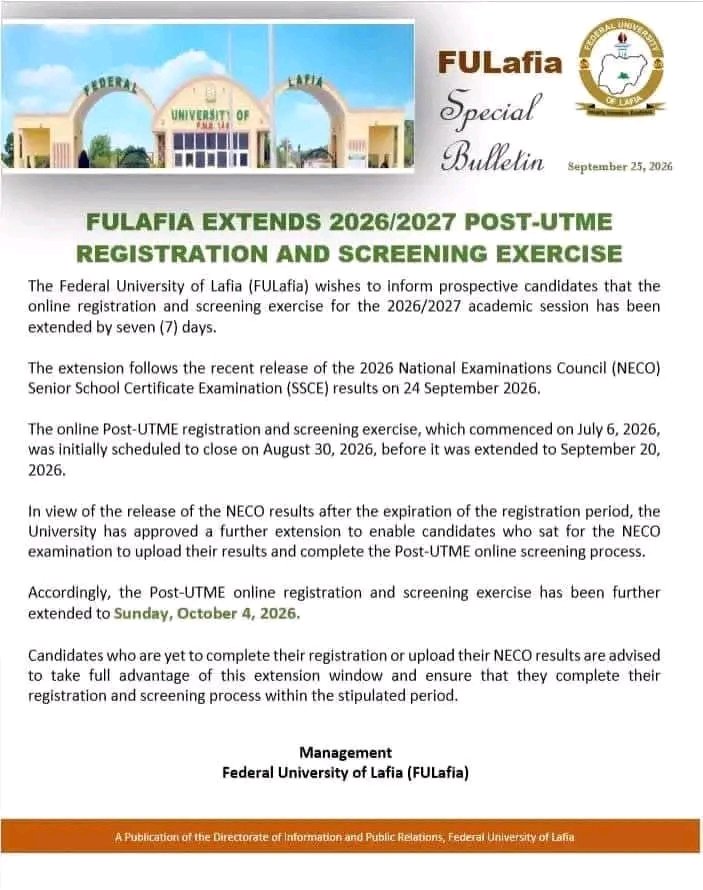 jambhelp1's tweet photo. Federal University Lafia (FULAFIA) Extends 2026/2027 Post-UTME Registration and Screening Exercise to October 4th,2026. https://t.co/NRj9CrTOdp