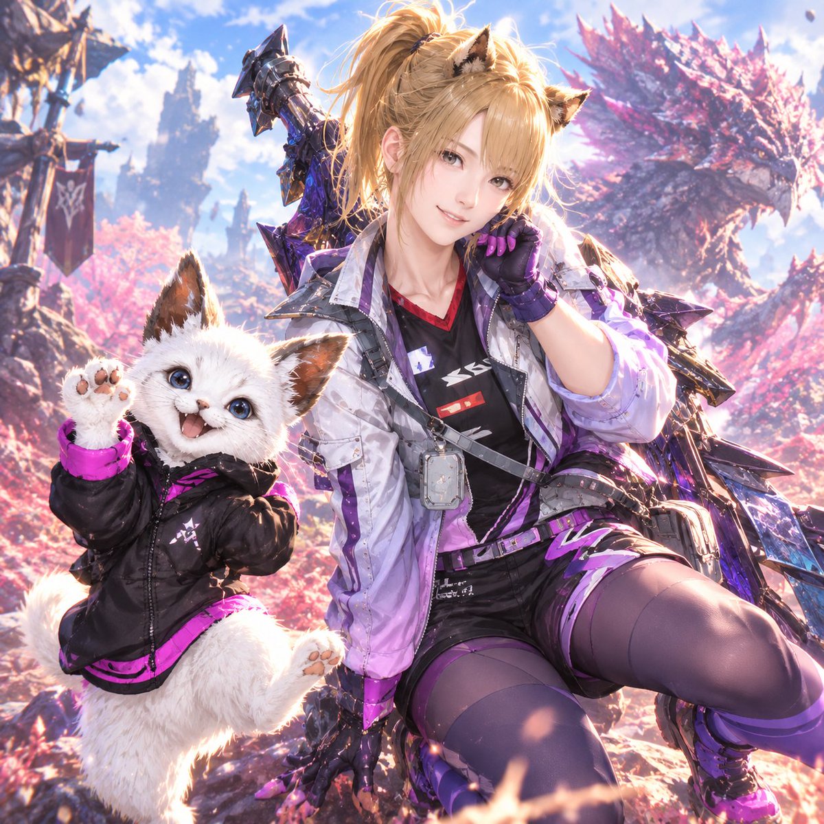 FF14_snow4's tweet photo. うちの子自慢！

おもちのオトモアイルーのomochiくんをご紹介。
真っ白な毛並みにパッチリ猫目♪
そして黒✕ピンクのお洒落服♪
可愛い〜❤

#モンハンNow
#モンハンNowオトモアイルー https://t.co/SdbW7J1cfl
