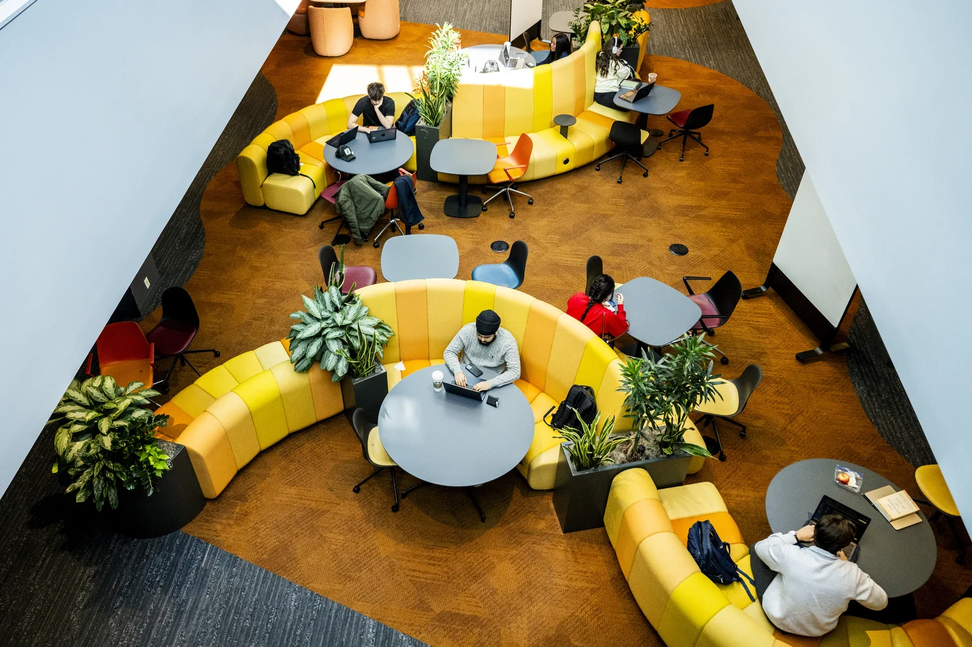 An overhead view of a modern communal area with orange-brown carpet. Several people are seated at grey tables on curved yellow & orange sofas, working on laptops. Potted plants dot the space, which has office chairs & backpacks.