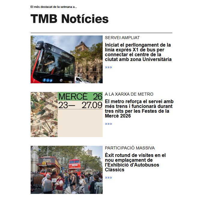 TMB_Barcelona's tweet photo. No et perdis res de l'actualitat de #metrobcn i #busbcn. 🚇🚍
Les novetats i continguts més destacats de la setmana ja estan disponibles al nostre portal de notícies.
📰 Reb el butlletí periòdicament i mou-te informat! 👇🔗 https://t.co/26UABHMaA8 https://t.co/9ugQrsPZUu