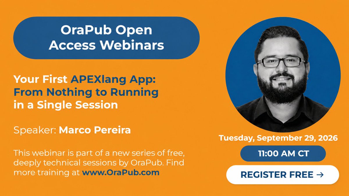 OraPubInc's tweet photo. The best technical demos? The ones you can try yourself. 💻

Join Marco Pereira for a 🆓 @OraPubInc Open Access webinar and go from zero to a working APEX app with #APEXlang + AI. No AI experience needed.

Sept 29 | 11 AM CT
👉 RSVP: https://t.co/hvZrgBG9d8

#OracleAPEX #OracleAI https://t.co/2ptaHKGwVL