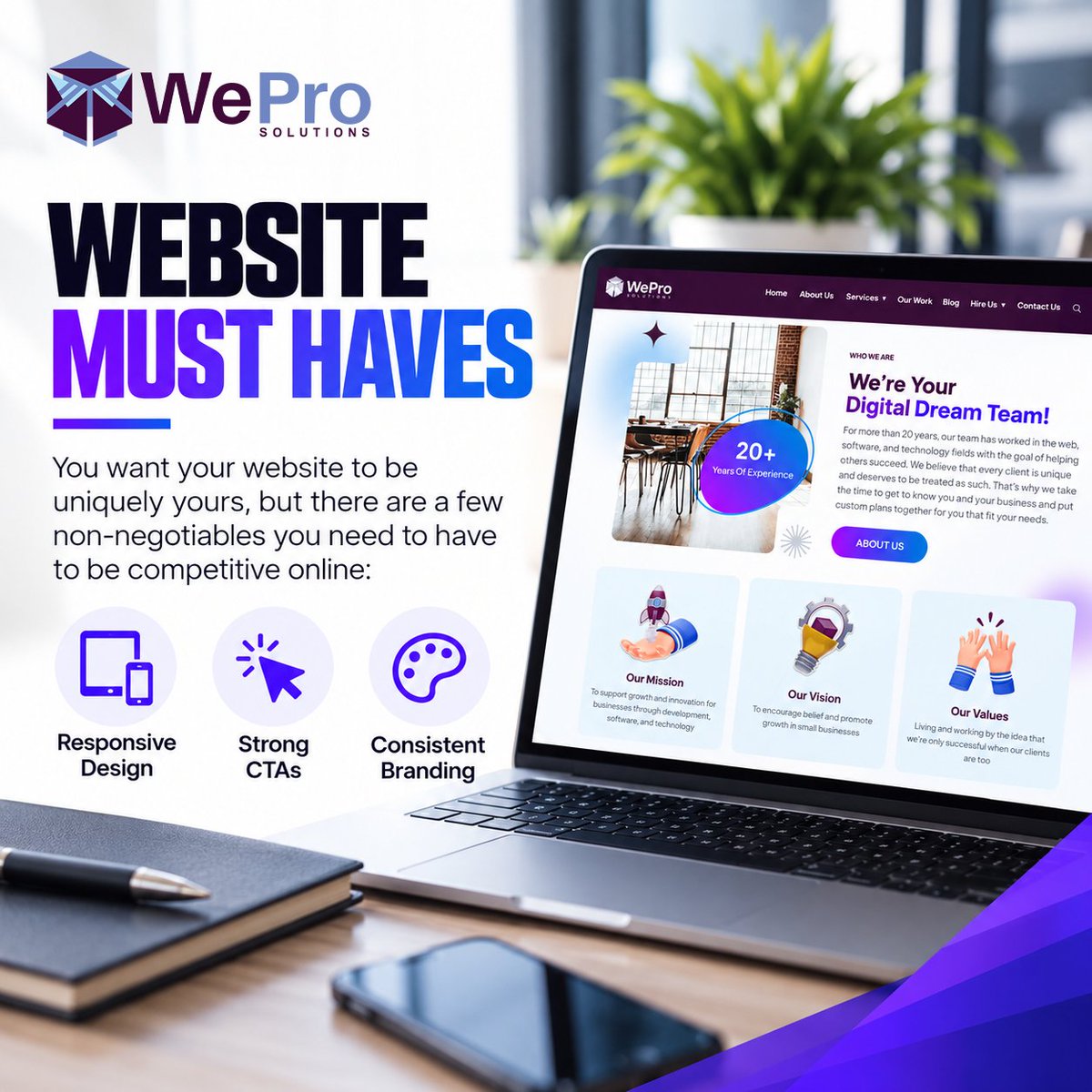 WeProLLC's tweet photo. You want your website to be uniquely yours, but there are a few non-negotiable you need to have to be competitive online. Without them, you’re likely to fall behind with your customers and competitors. If you need help strengthening your online presence, send us a message! https://t.co/4zPv3FlqFb