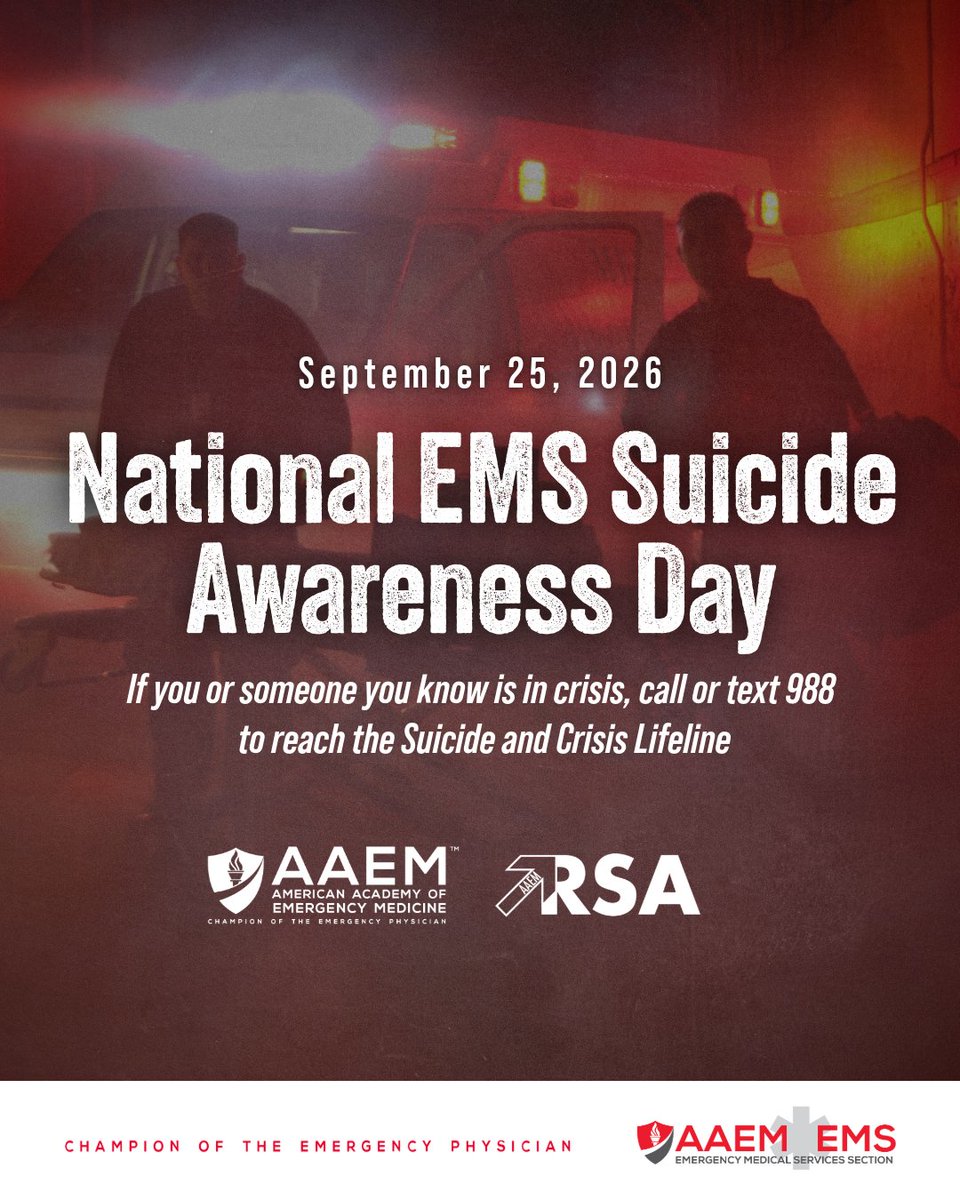 aaeminfo's tweet photo. Sept 25 is National EMS Suicide Awareness Day. Let’s break the silence around mental health in public safety.

🧑‍🚒 9/24: Firefighters  
🚑 9/25: EMS  
👮 9/26: Law Enforcement  
📞 9/27: 911 Telecommunicators

In crisis? Call/text 988. https://t.co/oLBqvvnyl0