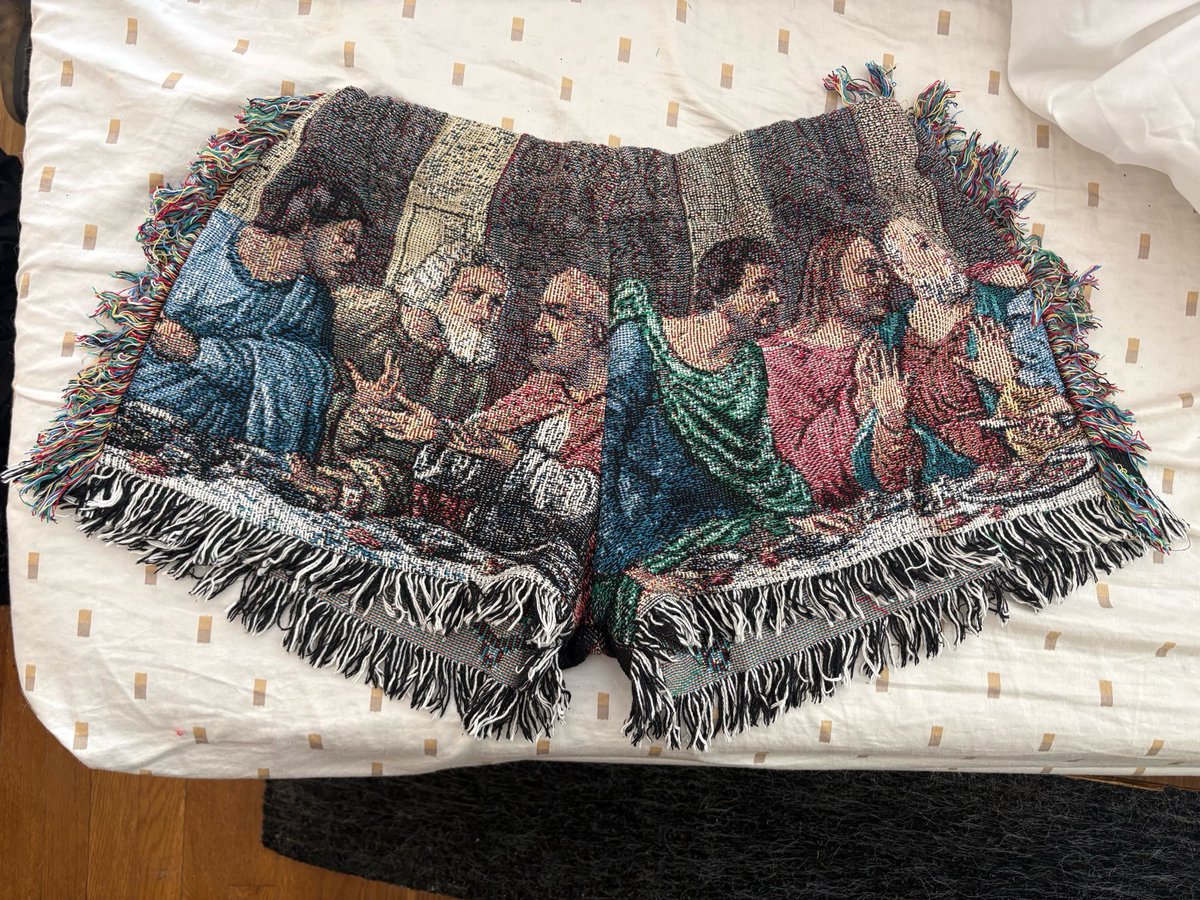 greatestdisease's tweet photo. don’t worry everyone my handmade last supper tapestry shorts from depop have arrived https://t.co/nS21jWiyYR