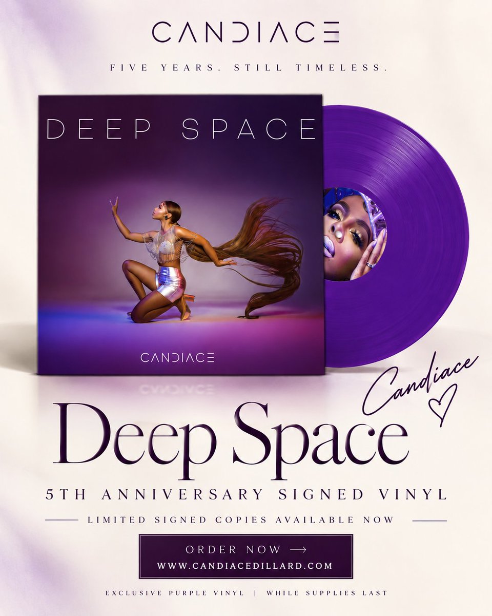 TherealCANDIACE's tweet photo. Five years in orbit deserved a little something special. 🚀💜

To celebrate 5 years of DEEP SPACE, I signed a limited number of the purple vinyl for you.

Available now 🔗: https://t.co/IQehoRRZNF https://t.co/nilOs4wAD8