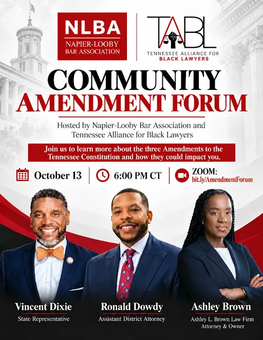 NapierLooby's tweet photo. Please join the NLBA and the Tennessee Alliance for Black Lawyers on October 13th to discuss three Tennessee Constitutional Amendments that will be on the ballot this November! The conversation will be informative and fact-based. See you there! https://t.co/2K5BhQZXkE